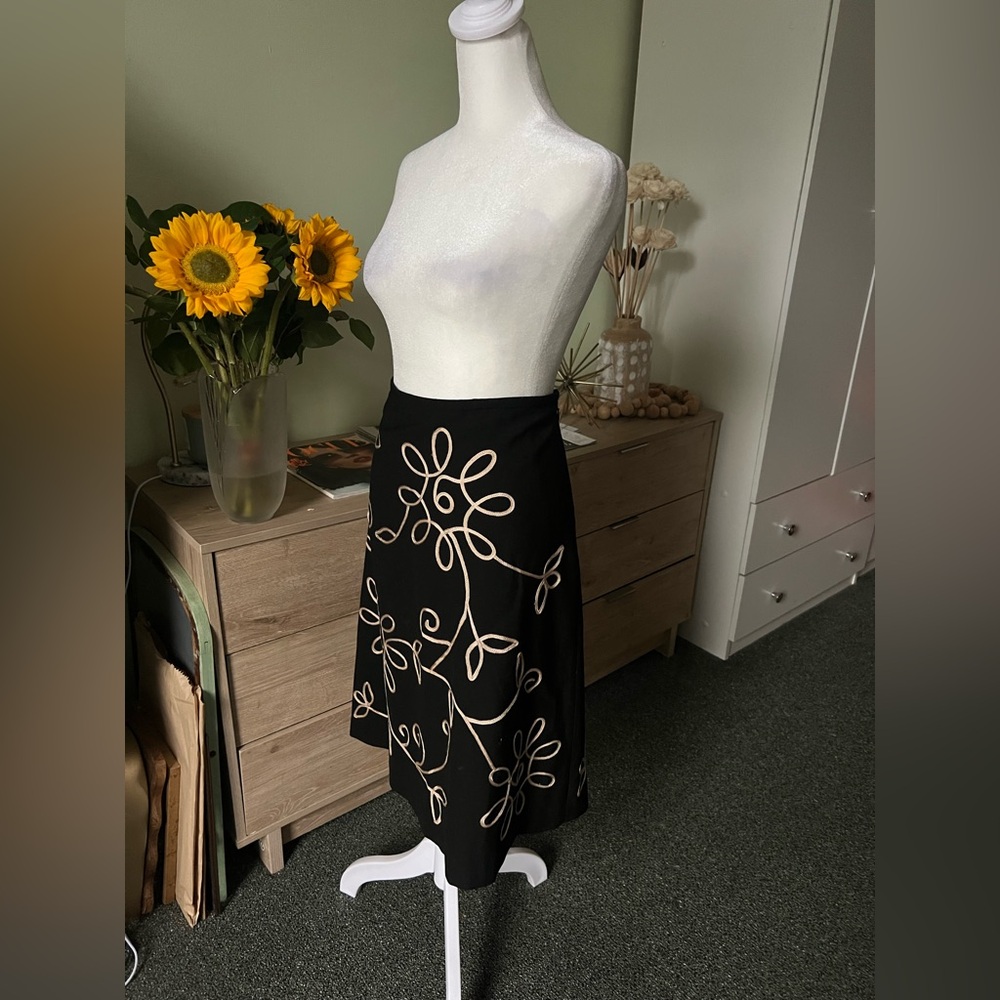 Black & Yellow Ribbon Floral Wool Midi Knee-Length Modest Fit & Flare Skirt Sz 6 - Picture 5 of 16